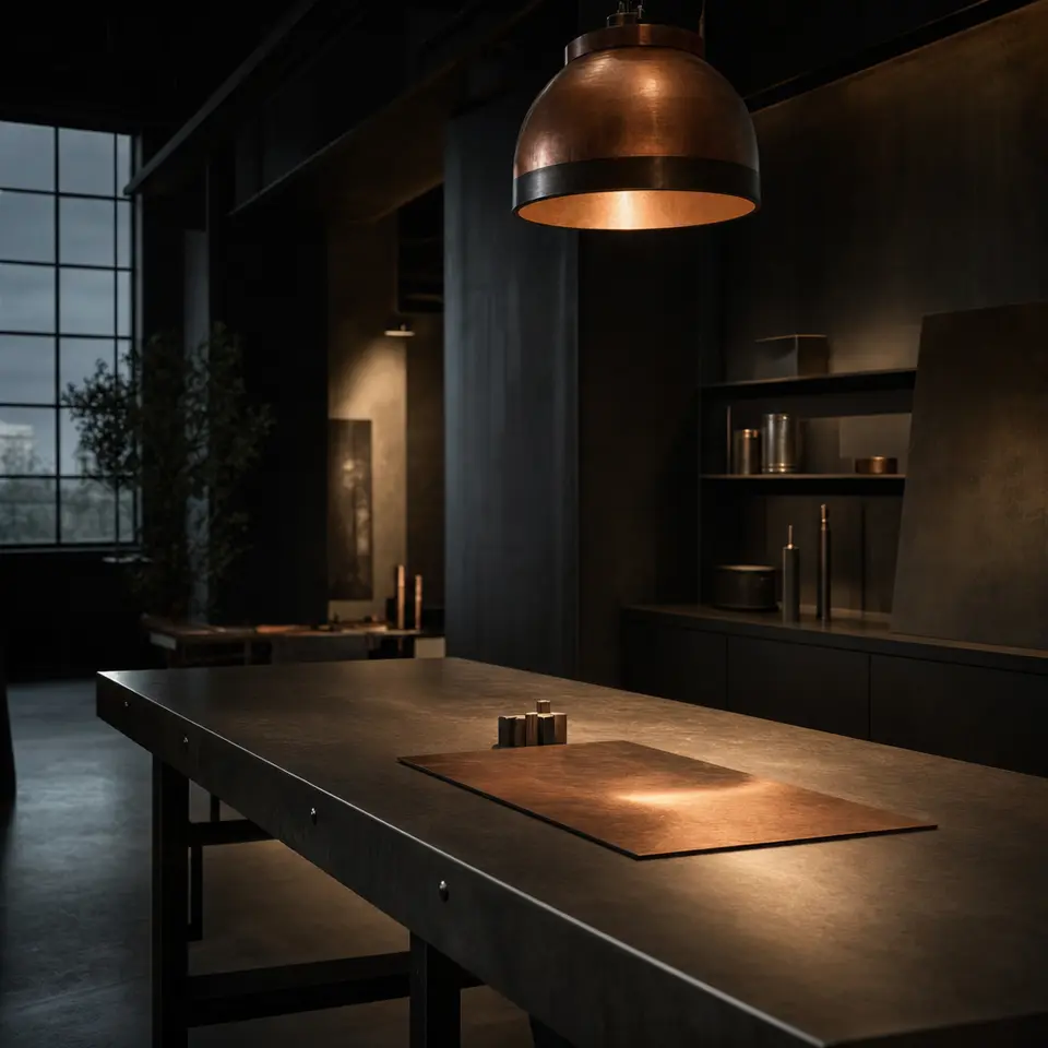 Dark industrial atelier with a steel workbench under a warm copper pendant light
