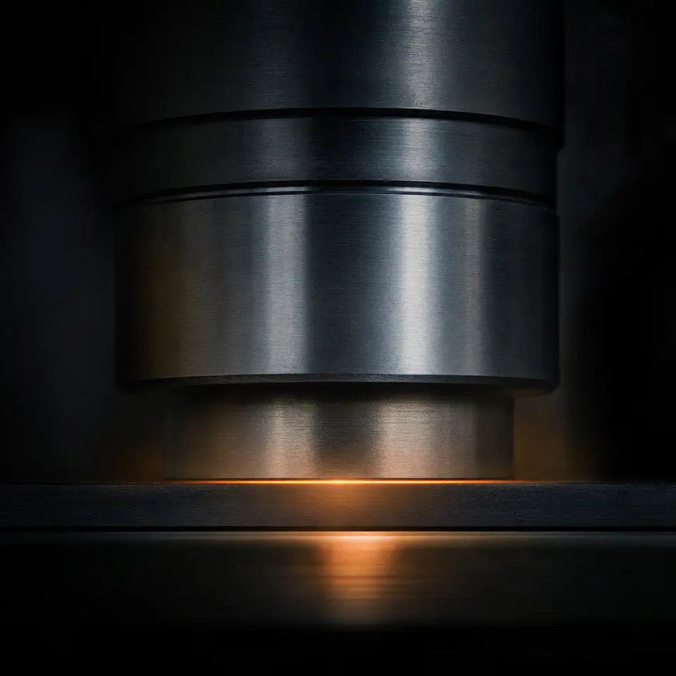 Matriz de prensa hidráulica cerrándose sobre acero oscuro con una fina línea de metal incandescente