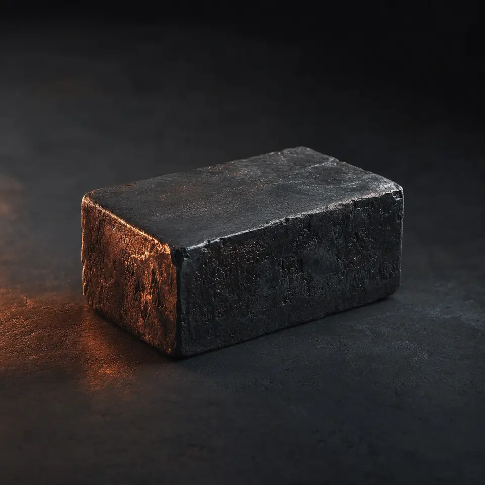 Lingote de metal oscuro en bruto sobre una superficie de carbón, con una tenue luz cobriza en un borde